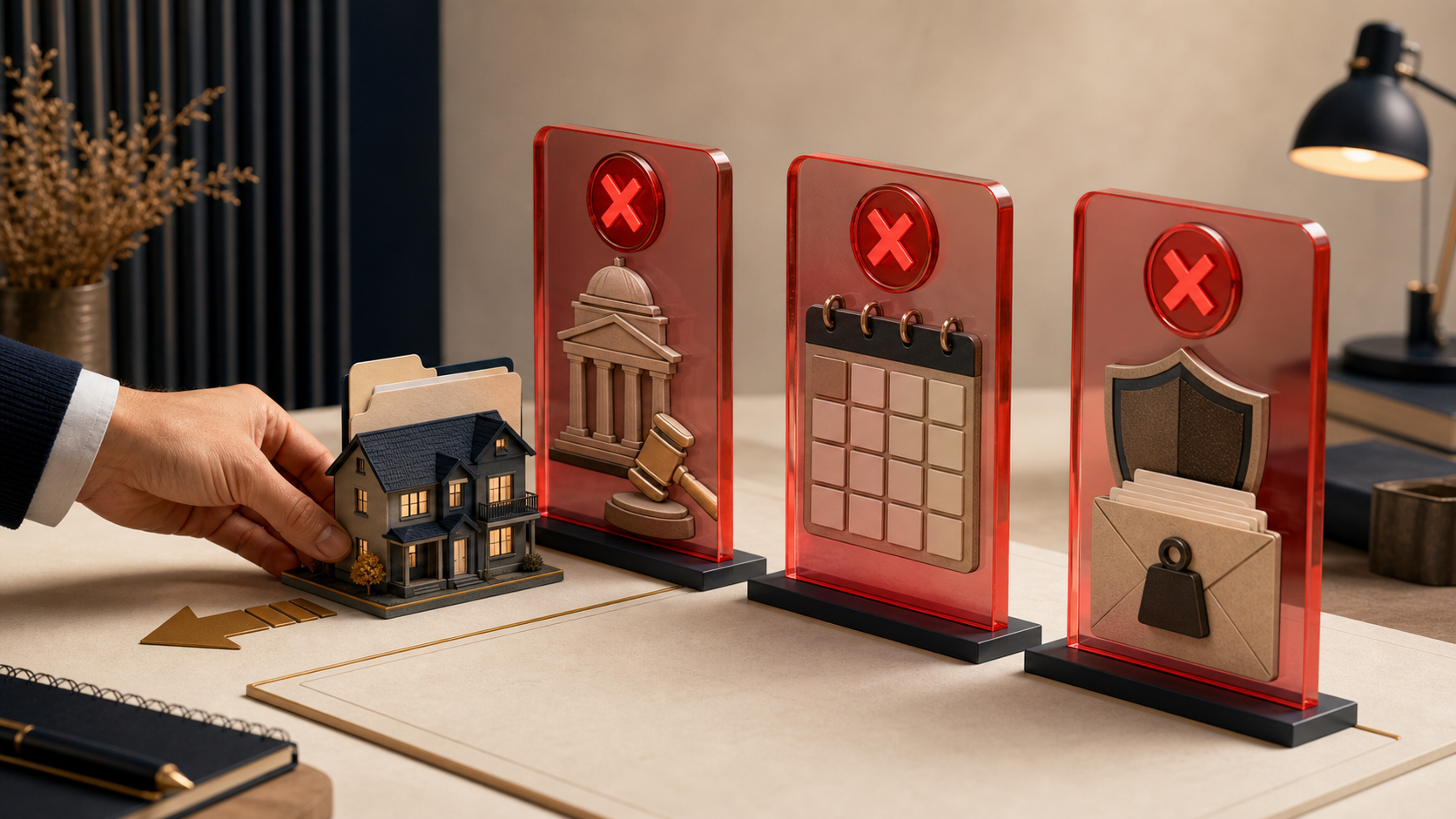 A hand pulls a model house back from three red gates representing regulation, thin demand, and insurance cost risk.
