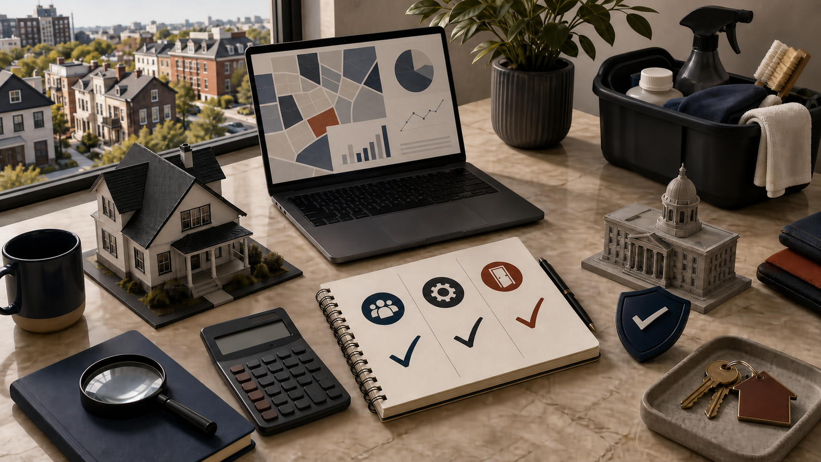 Market-research desk with a house model, neighborhood map, calculator, city hall model, cleaning kit, insurance shield, and keys.