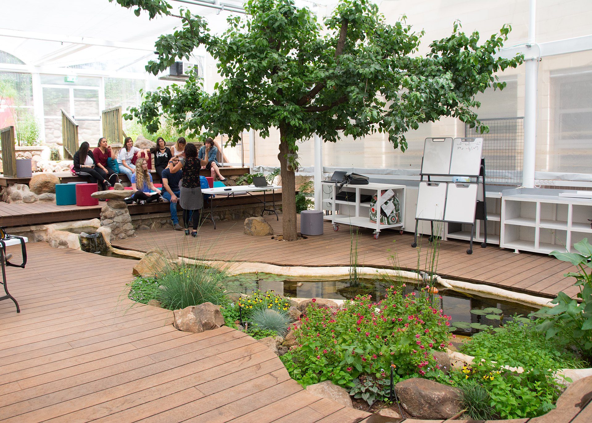 Biophilic interior with mature tree, water feature, glazed roof — exactly the biophilic-gothic blend this trend section describes.