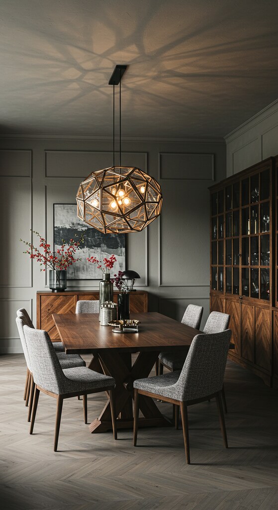 Dark dining room with geometric pendant chandelier casting dramatic light patterns on the ceiling — statement lighting as the photo-driver it becomes in Airbnb listings.