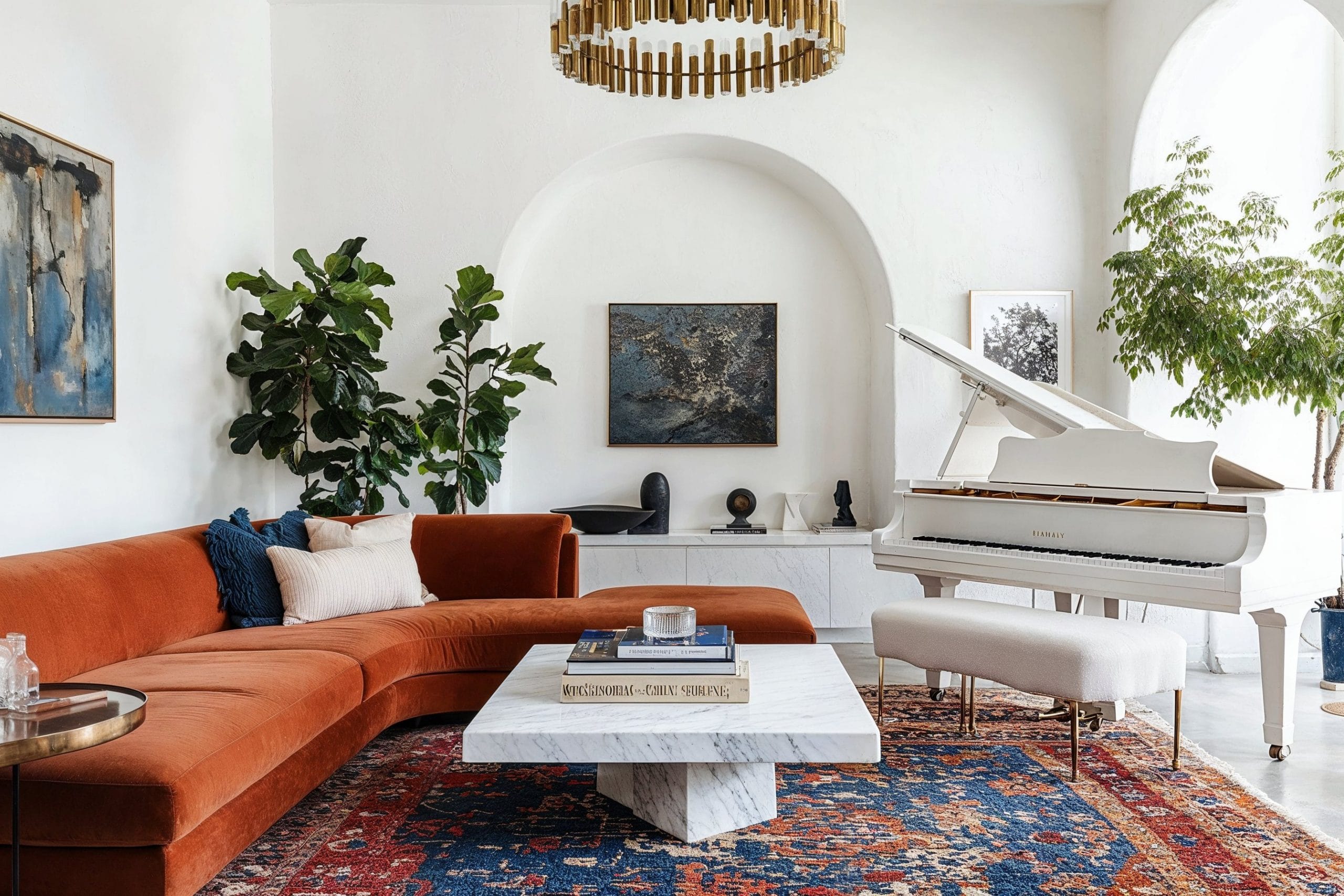 Modern eclectic living room — terracotta velvet sectional, fiddle-leaf fig, marble coffee table, Persian rug, and white baby grand piano — mixing styles intentionally for a distinctive Airbnb signature.