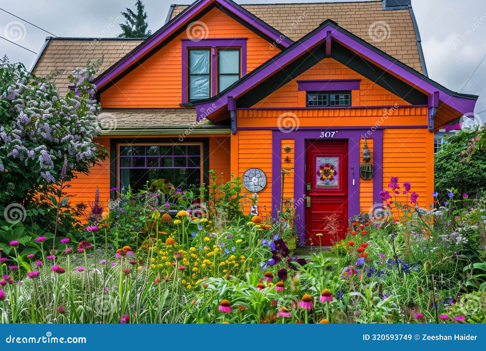 A Bright Orange Suburban House with Purple Trim, a Lush ...
